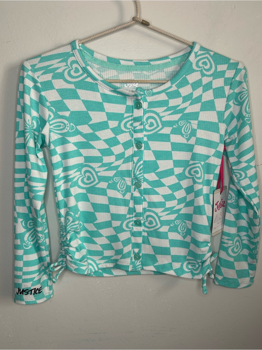 Justice Girls Turquoise Checkerboard Heart Long Sleeve Side-Cinch Button Up Top